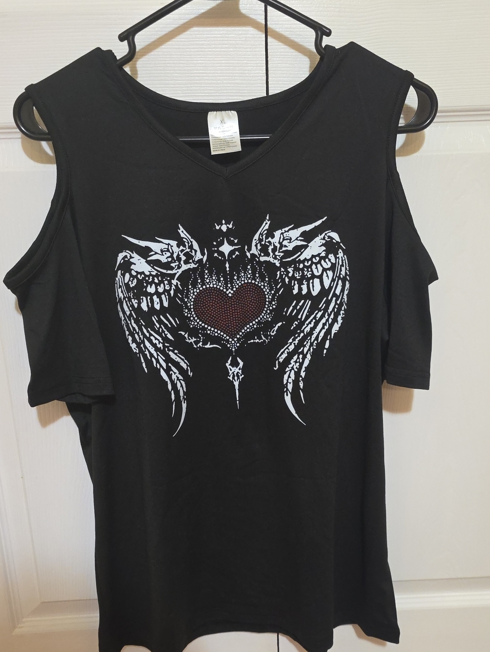 Black Cold-Shoulder Tee with Rhinestone Heart & Wing Graphic